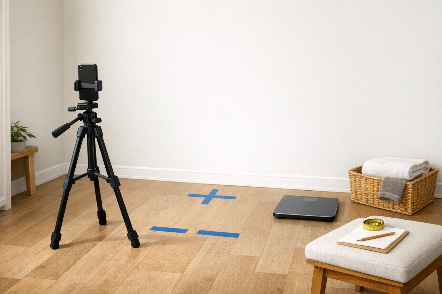 Editorial cover image showing a clean progress-photo setup with consistent lighting, a phone on a tripod, and clearly marked check-in space.