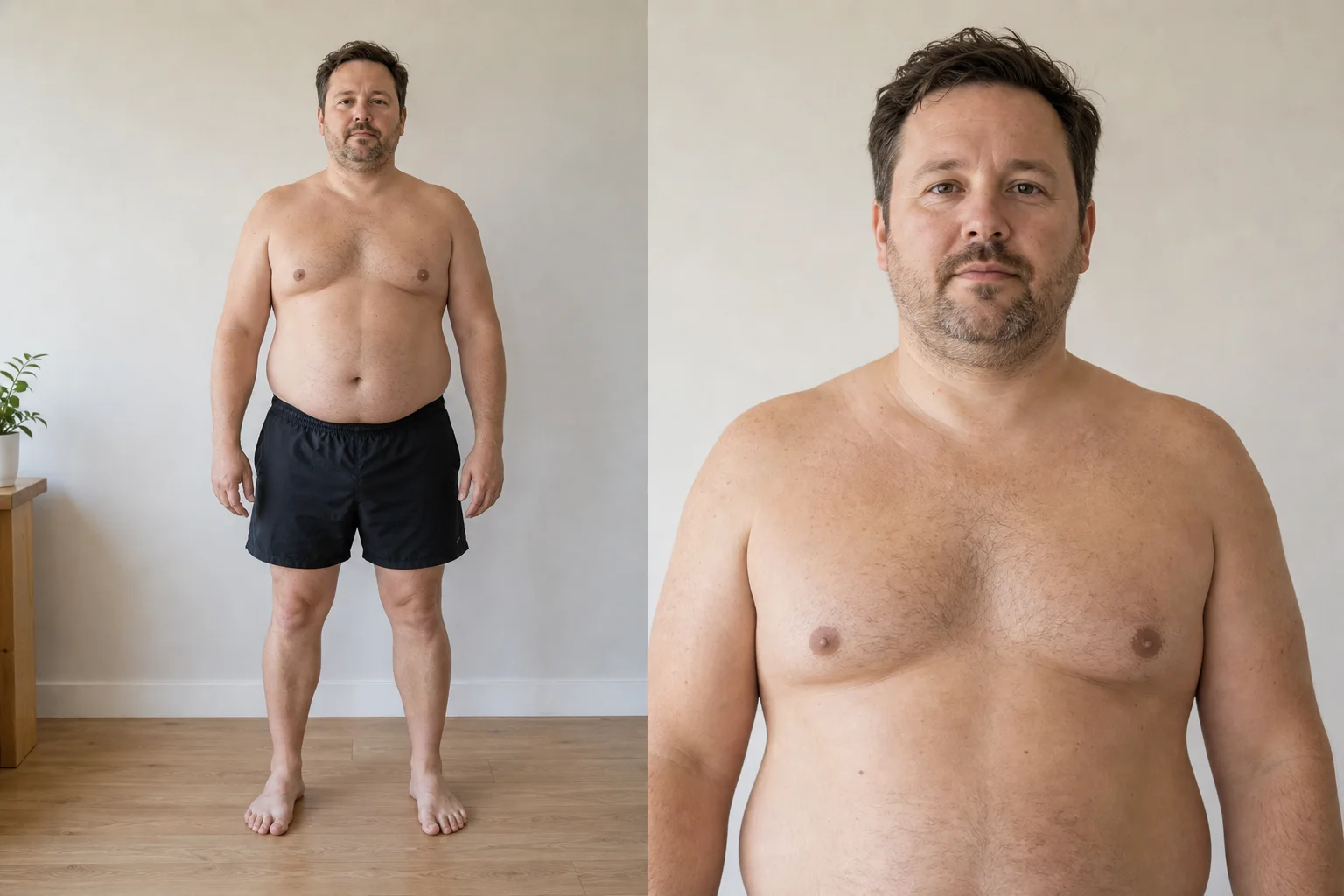 Riferimento visivo sintetico di uomo adulto per il 25-29% di grasso corporeo, utile per confrontare una selfie allo specchio.