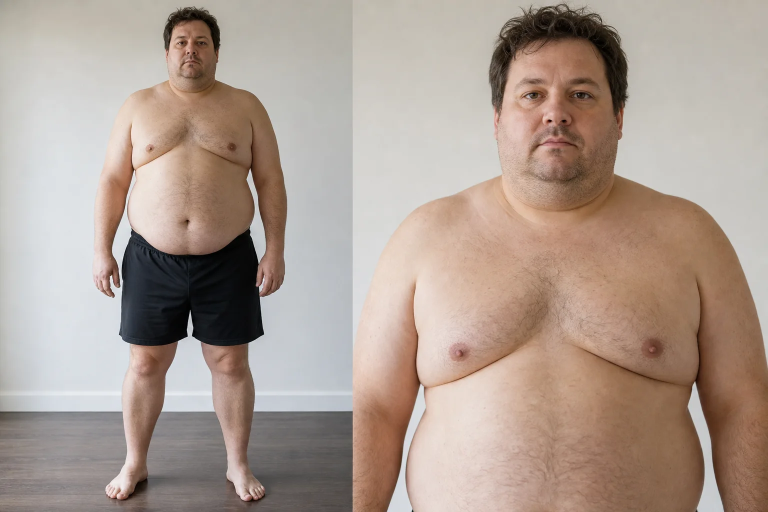 Riferimento visivo sintetico di uomo adulto per il 30% o più di grasso corporeo, utile per confrontare una selfie allo specchio.