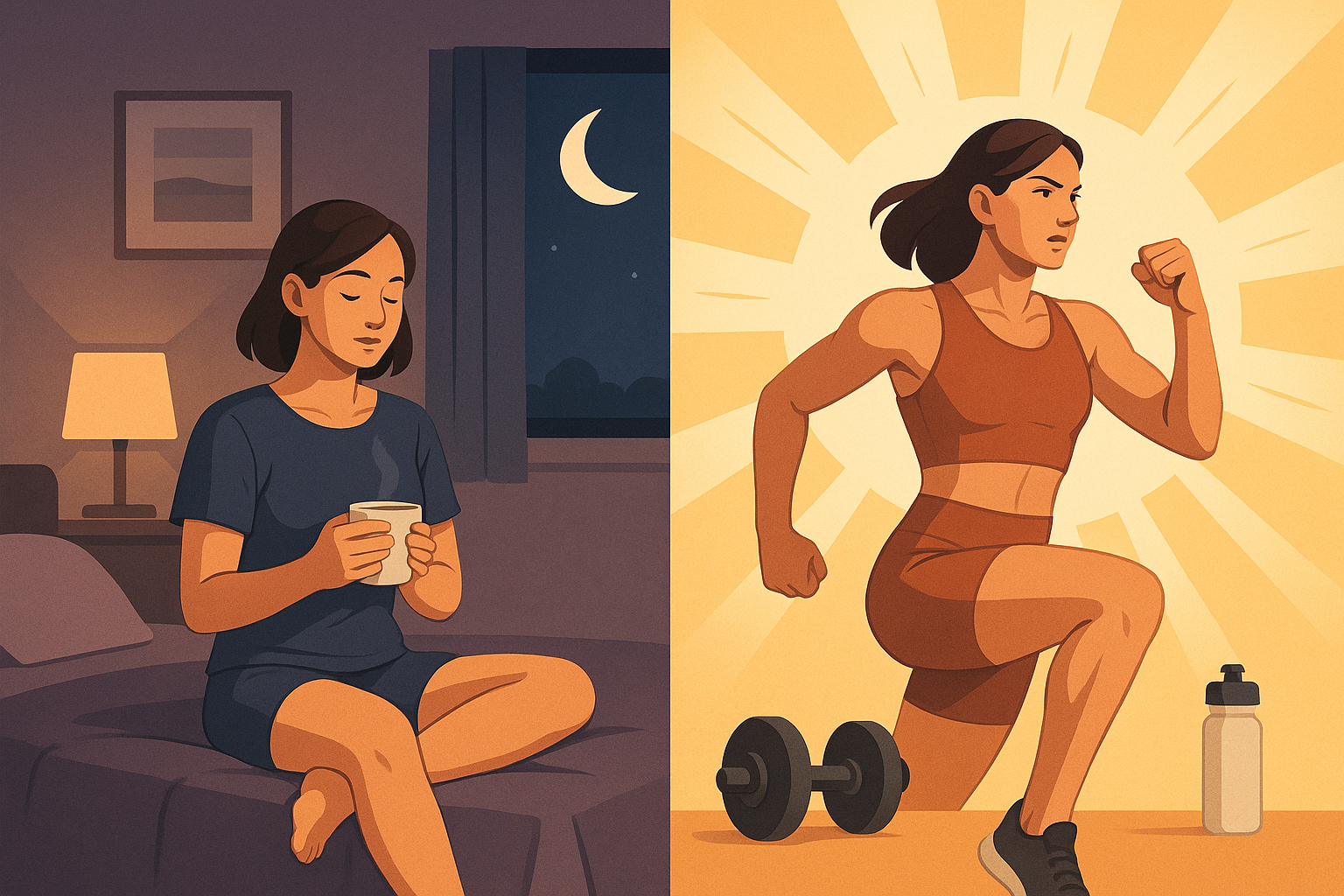 Editorial illustration of evening wind-down routine and morning recovery energy for fitness progress.