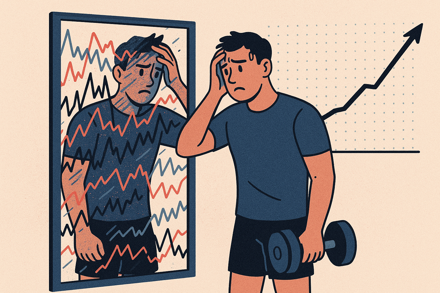 Editorial image showing stress-induced visual noise in mirror reflection versus stable long-term progress trend.