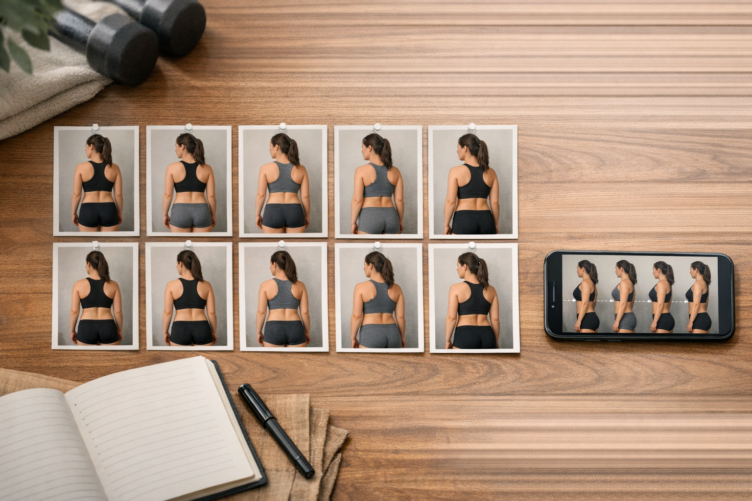 Editorial cover image showing a phone with a progress timeline, consistent weekly check-in photos, and a calm planning setup.