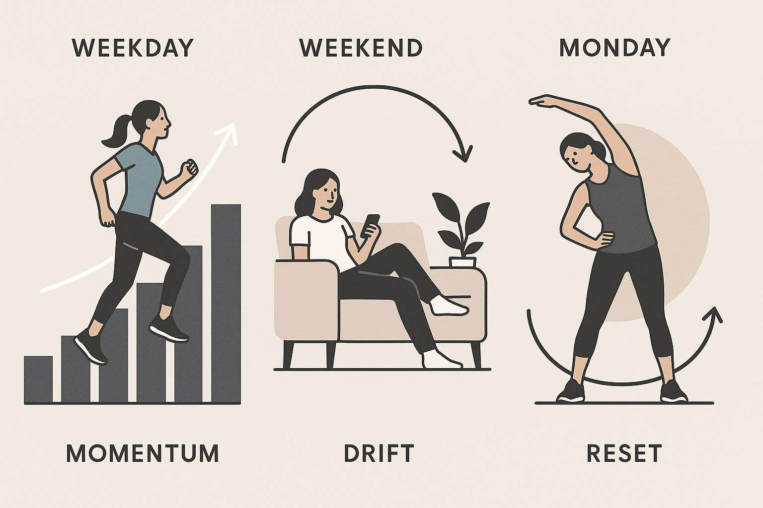 Editorial image showing weekday momentum contrasted with weekend habit drift and Monday reset.