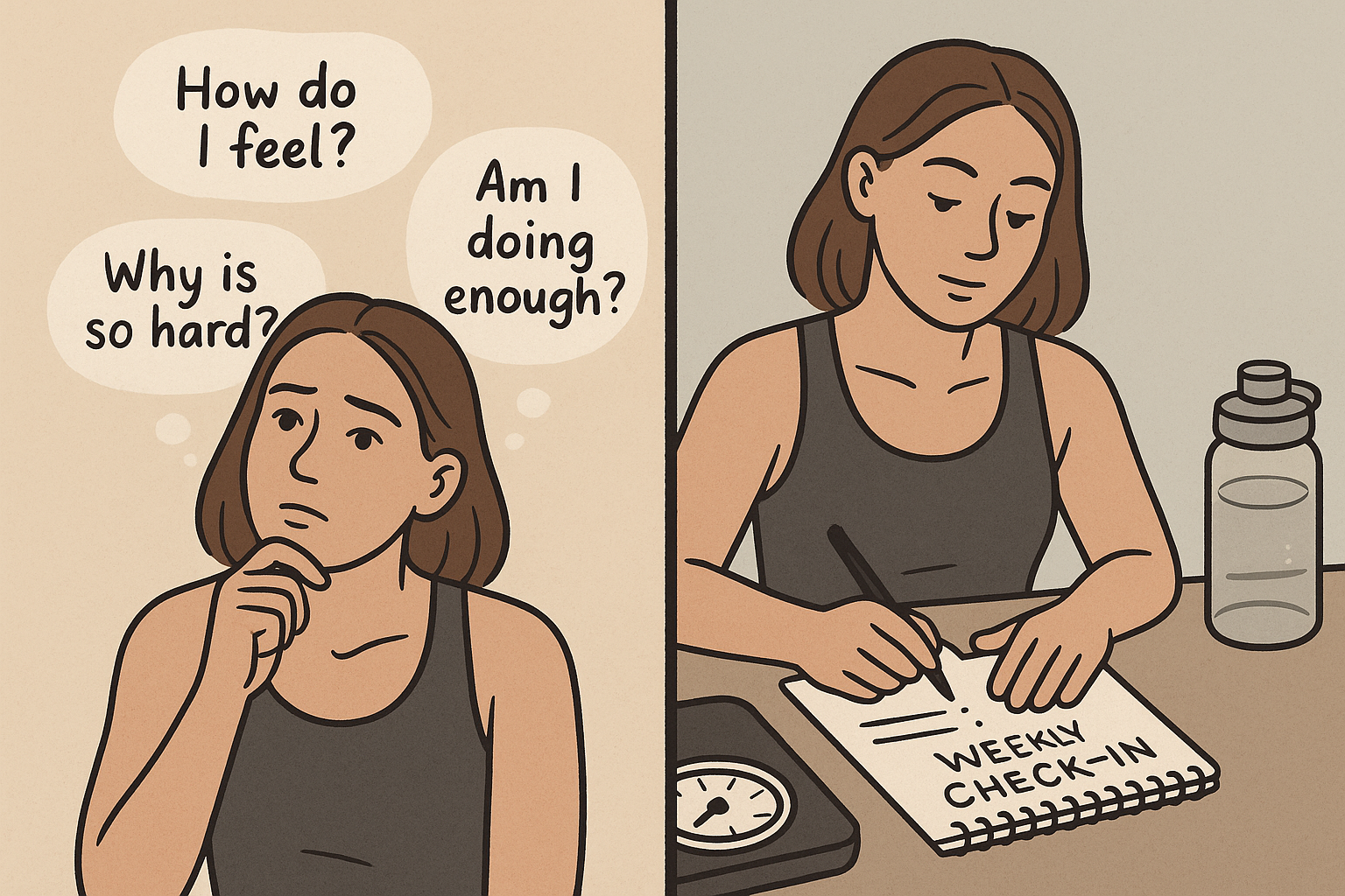 Editorial illustration of a person comparing emotion-driven questions against practical progress metrics.