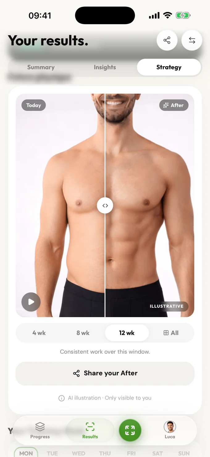 LeanLens strategy screen showing the future physique before-and-after preview