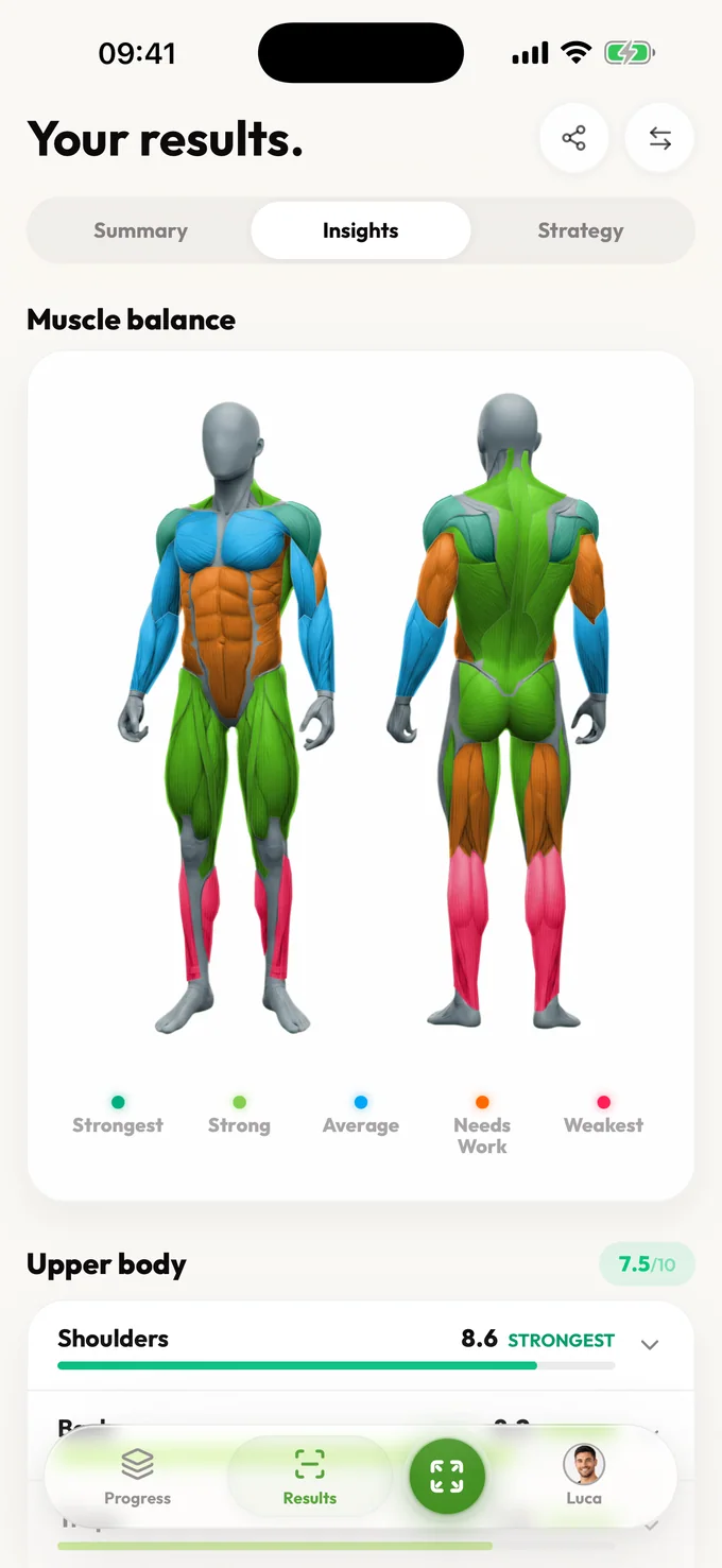 LeanLens insights screen showing muscle balance and upper body scores