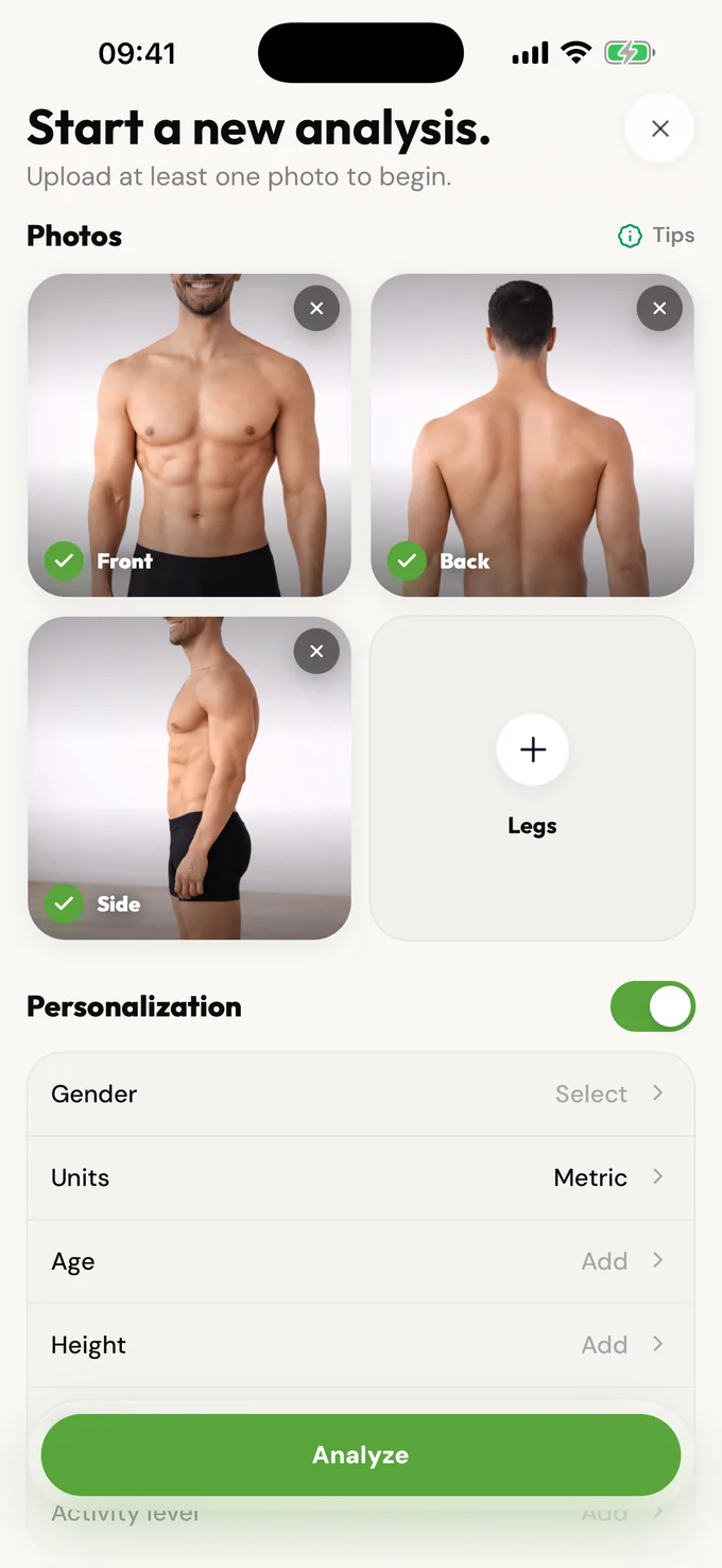 LeanLens new analysis screen with front, back, and side photos selected